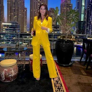 ZARA 2 PIECE DOUBLE BREASTED BLAZER + FLARED PANTS YELLOW